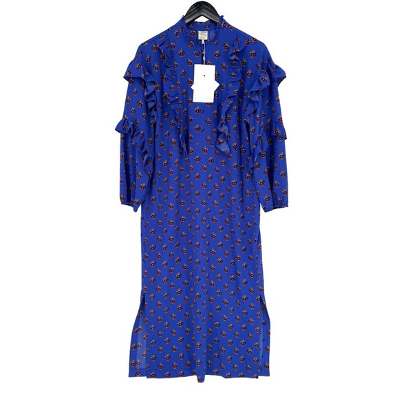 NWT Baum Und Pferdgarten Ahadi Long Sleeve Ruffle Midi Dress 36 Blue Floral - Picture 3 of 16
